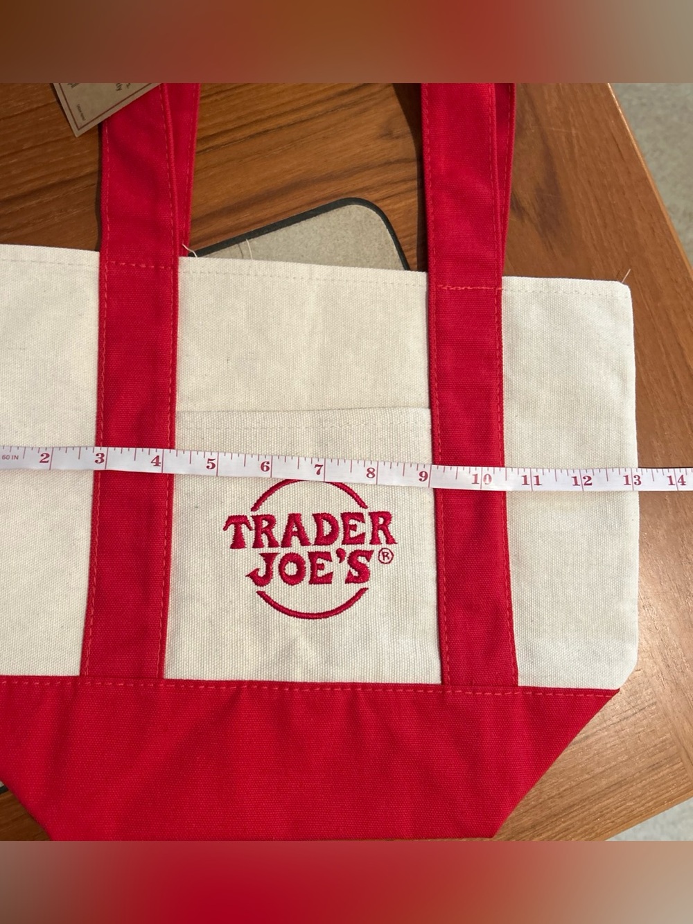 Upcycled Trader Joe's Red & Cream Holiday Tote Bag - Picture 4 of 5